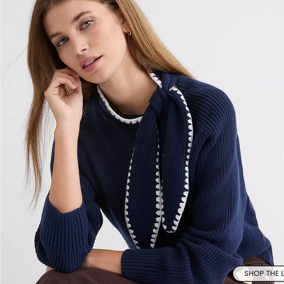 BNWT Loft Contrast Stitched Tie Neck Sweater Deep Blue - Picture 2 of 5